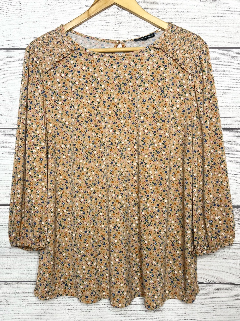 Adrianna Papell Boho Floral Peasant Blouse Top Size 1X Tan Blue Orange Green